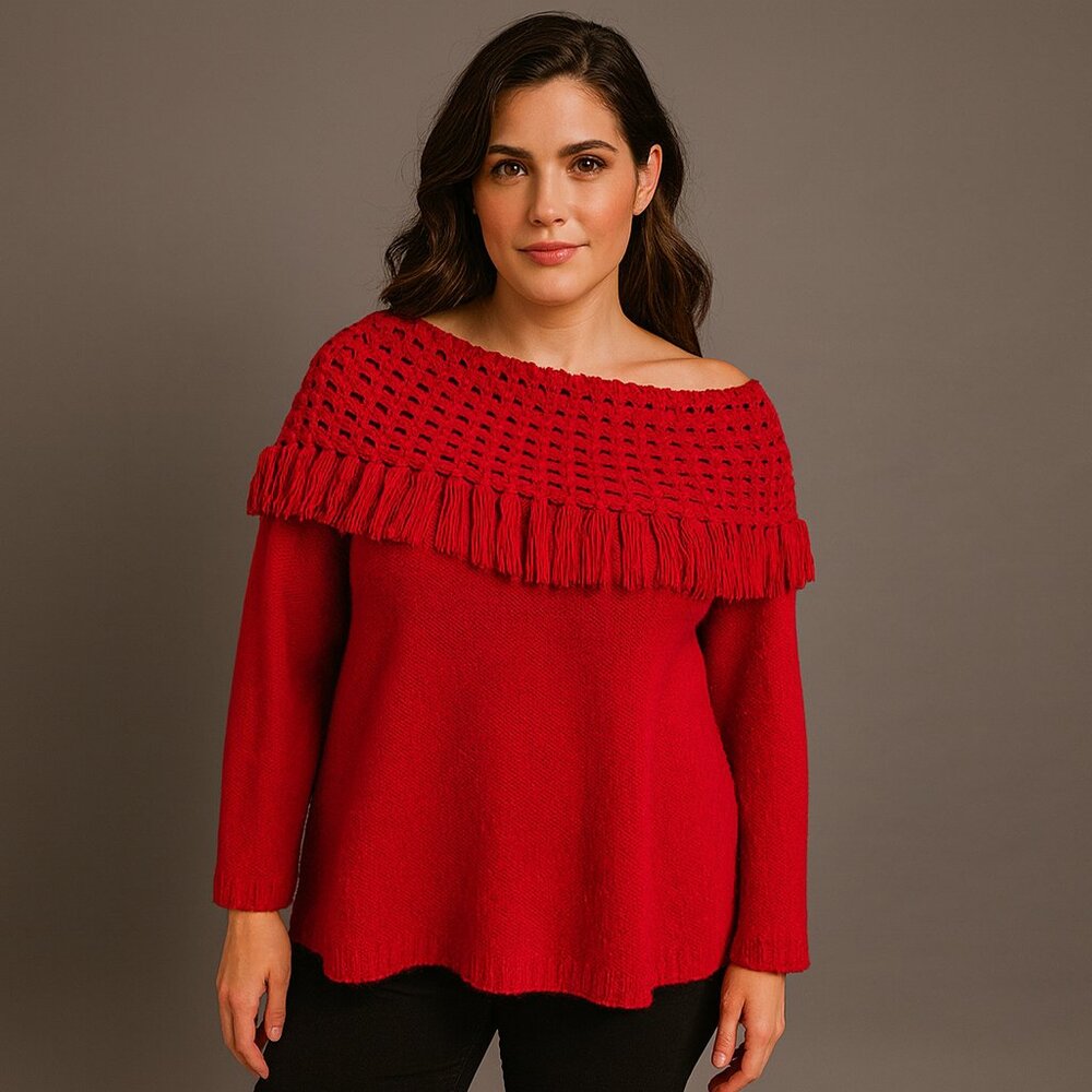 Norton McNaughton Medium Red Sweater Women’s Crochet Cowl Neck Fringe Y2K VTG - Picture 1 of 6